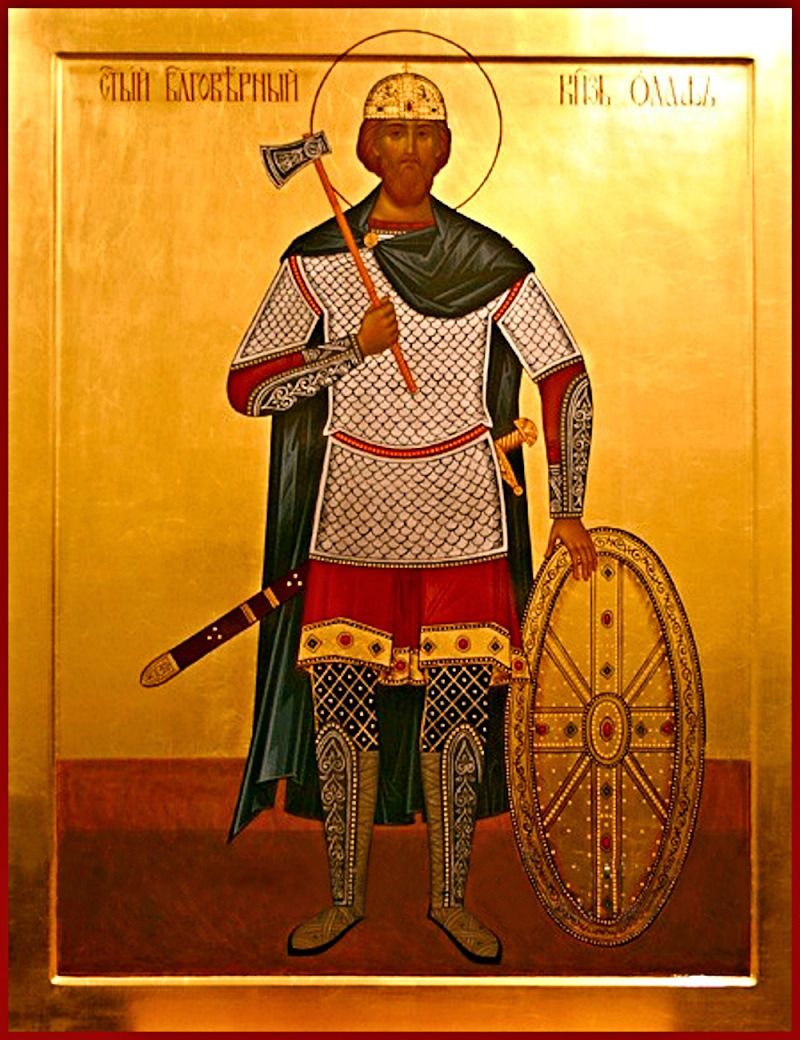 Russian Orthodox icon of Saint Olav with axe and shield, gold-leaf background